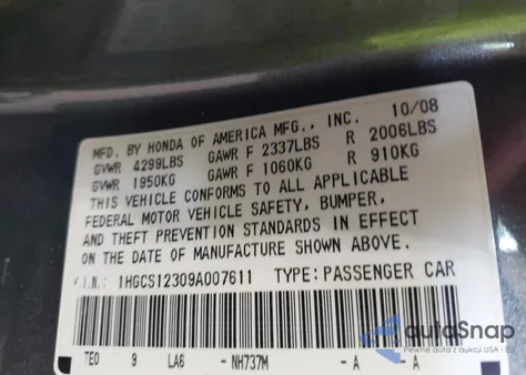 2009 Honda Accord 2.4 Lx-S from USA, damaged, VIN 1HGCS12309A007611